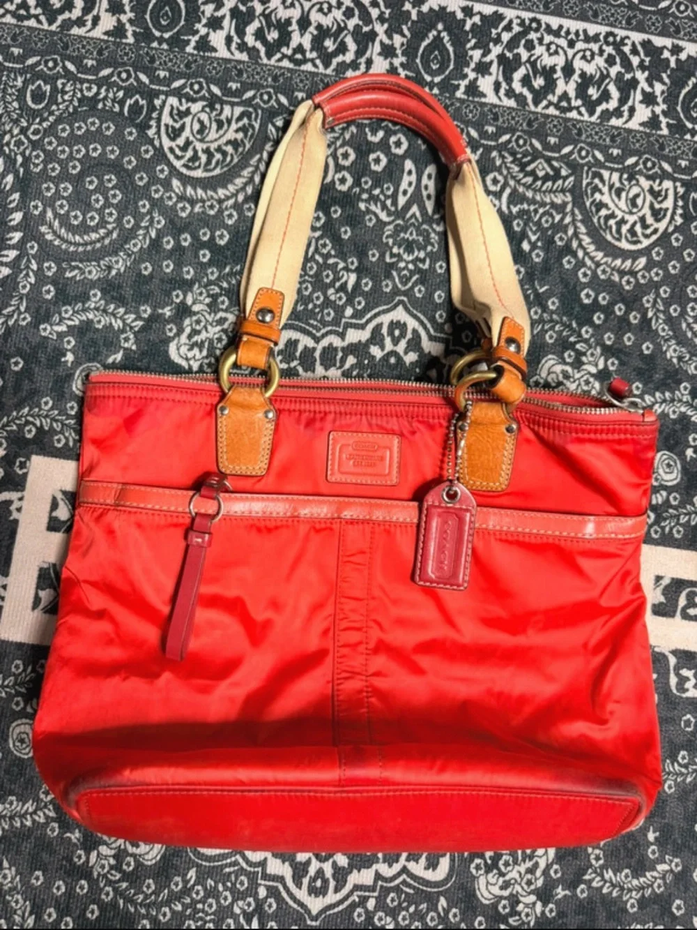 Coach Red Nylon Tote with Tan Leather Trim